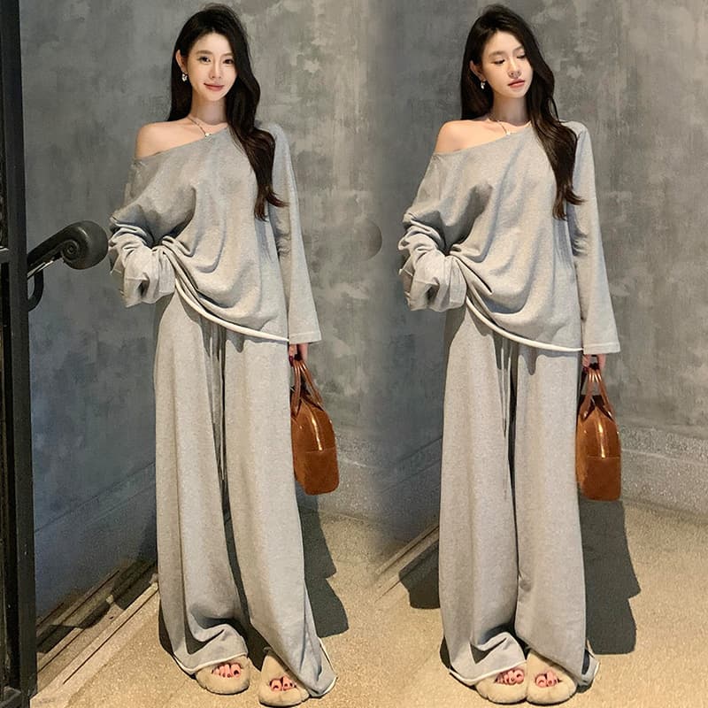 대 물품 한 부서 디자인 센스 임산부 세트 봄 가을 비스듬한 어깨 의류 느긋한 캐주얼 임산부 스트레이트 팬츠 투피스 세트 이미지 3