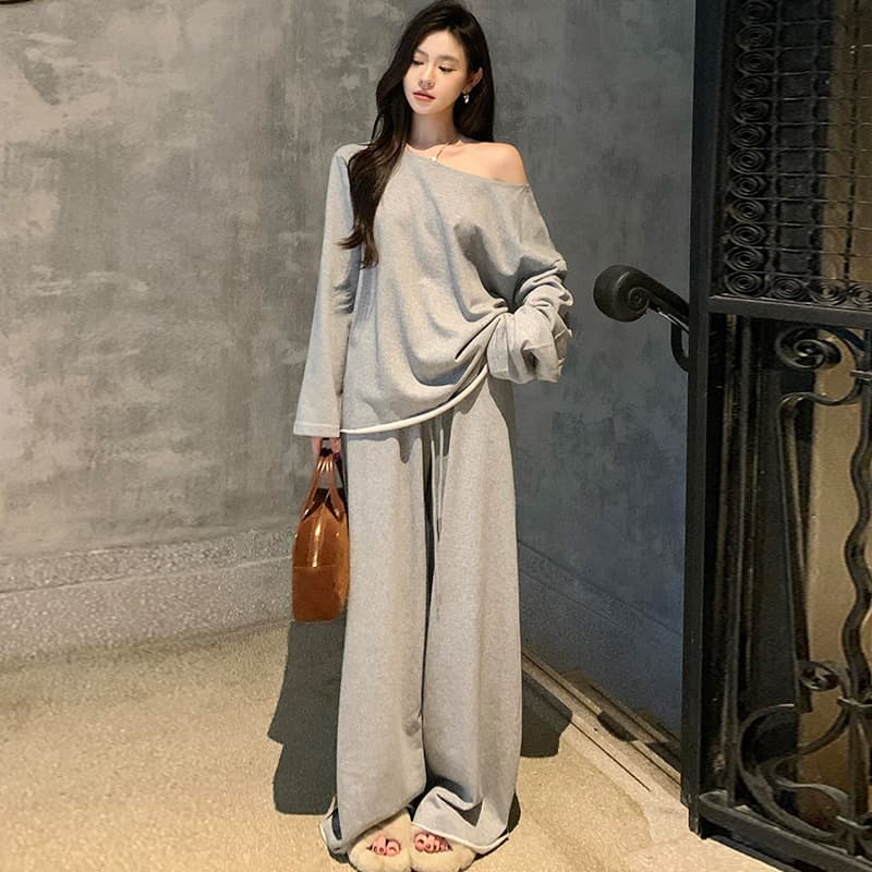 대 물품 한 부서 디자인 센스 임산부 세트 봄 가을 비스듬한 어깨 의류 느긋한 캐주얼 임산부 스트레이트 팬츠 투피스 세트 이미지 4