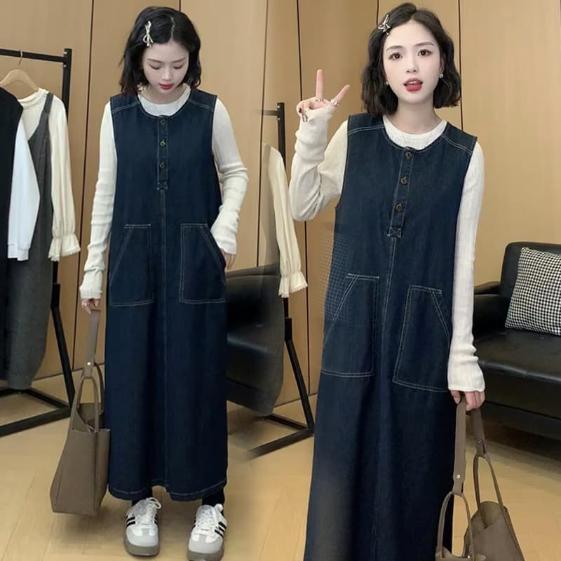 대 물품 가을 겨울 두꺼운 데님 조끼 원피스 니트 스웨터 맨위 루즈핏 슬림해 보이는 임산부 투피스 세트 이미지 2