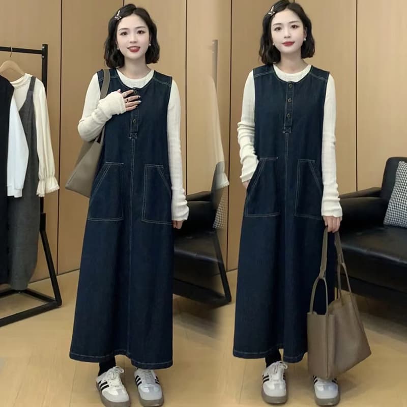 대 물품 가을 겨울 두꺼운 데님 조끼 원피스 니트 스웨터 맨위 루즈핏 슬림해 보이는 임산부 투피스 세트 이미지 3