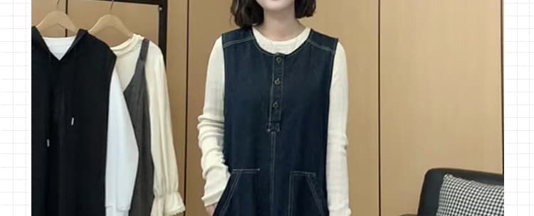 대 물품 가을 겨울 두꺼운 데님 조끼 원피스 니트 스웨터 맨위 루즈핏 슬림해 보이는 임산부 투피스 세트 상세 이미지 2