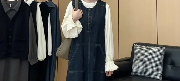 대 물품 가을 겨울 두꺼운 데님 조끼 원피스 니트 스웨터 맨위 루즈핏 슬림해 보이는 임산부 투피스 세트 상세 이미지 38