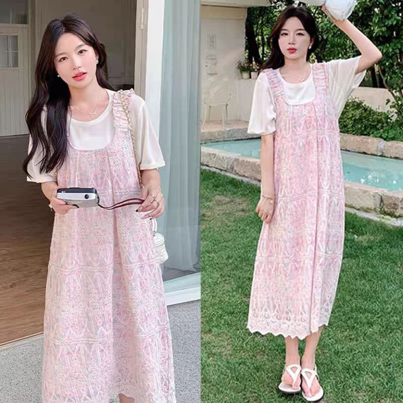 대 물품 새로운 레이스 자카드 임산부 조끼 스커트 투피스 세트 여름 고급 센스 홀로우 아웃 자수 드레스