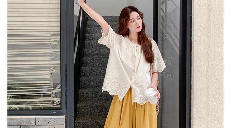 대 물품 여름 새로운 패션 품격 루즈핏 레이스 맨위 휴식 센스 꽃밭 와이드 레그 팬츠 임산부 투피스 세트 상세 이미지 48