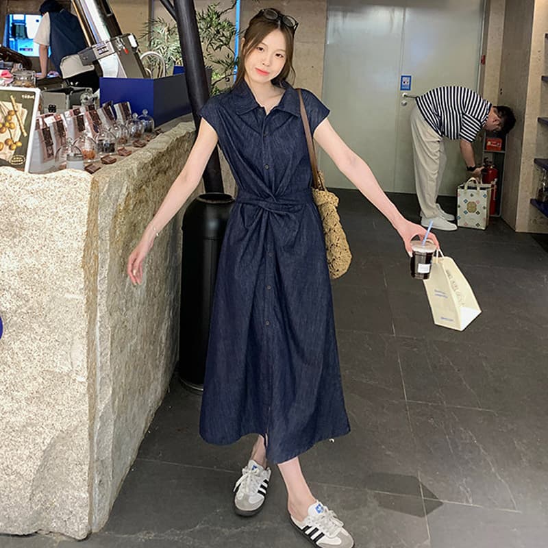복잡한 고대 돈 바람 십자가 트위스트 꽃 스트랩 데님 임산부 드레스 여름 슬림해 보이는 반팔 캐주얼 폴로 칼라 롱 스커트 이미지 5