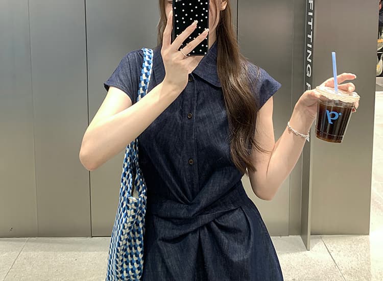 복잡한 고대 돈 바람 십자가 트위스트 꽃 스트랩 데님 임산부 드레스 여름 슬림해 보이는 반팔 캐주얼 폴로 칼라 롱 스커트 상세 이미지 40