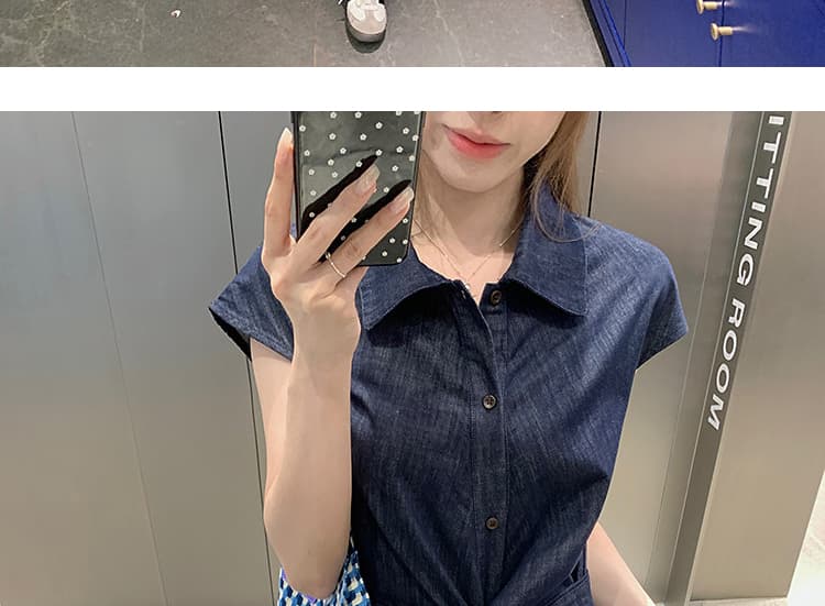 복잡한 고대 돈 바람 십자가 트위스트 꽃 스트랩 데님 임산부 드레스 여름 슬림해 보이는 반팔 캐주얼 폴로 칼라 롱 스커트 상세 이미지 43
