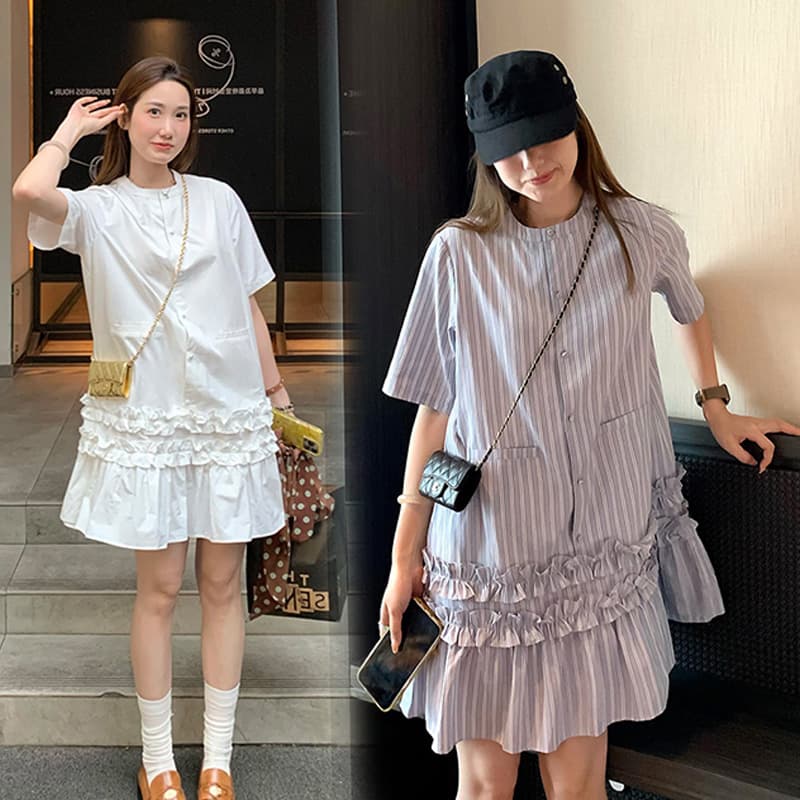 새로운 연꽃 잎 레이스 연령 감소 임산부 반팔 드레스 여름 스탠드 칼라 루즈핏 미니 스커트 이미지 4