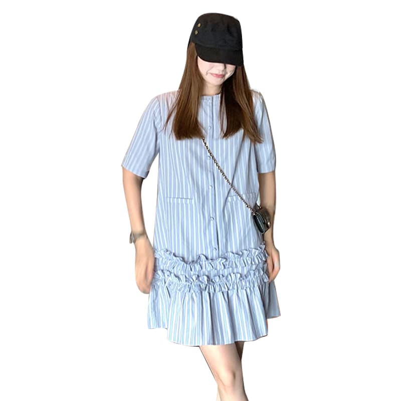 새로운 연꽃 잎 레이스 연령 감소 임산부 반팔 드레스 여름 스탠드 칼라 루즈핏 미니 스커트 이미지 6