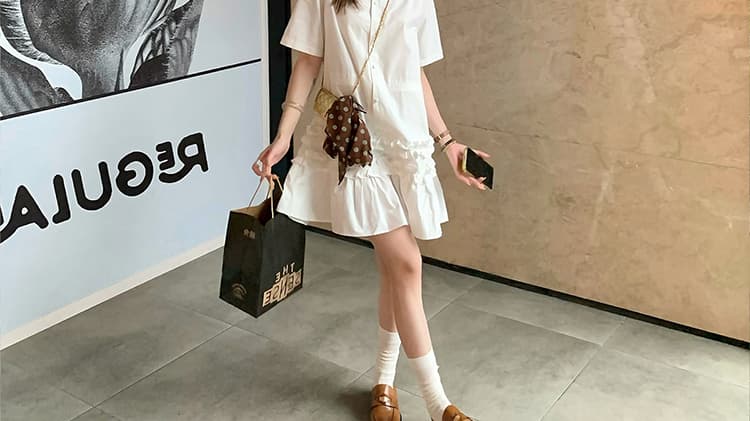 새로운 연꽃 잎 레이스 연령 감소 임산부 반팔 드레스 여름 스탠드 칼라 루즈핏 미니 스커트 상세 이미지 57