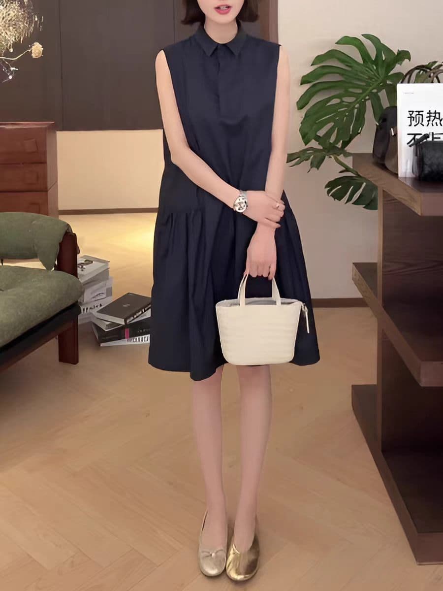 여름 새로운 익스트림 제인 바람 캐주얼 셔츠 폴로 칼라 주름 민소매 디자인 센스 작은 대중 빅 사이즈 임산부 드레스 이미지 4