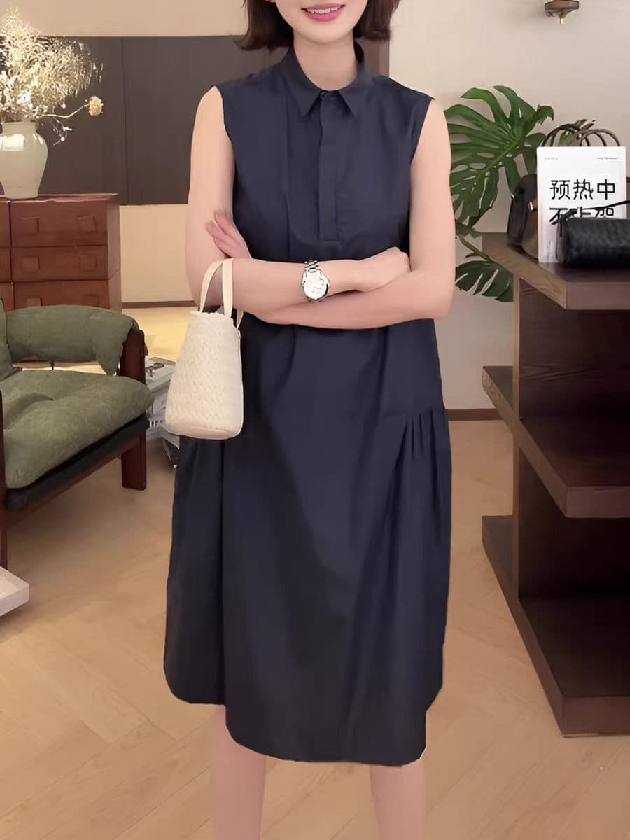 여름 새로운 익스트림 제인 바람 캐주얼 셔츠 폴로 칼라 주름 민소매 디자인 센스 작은 대중 빅 사이즈 임산부 드레스 상세 이미지 6