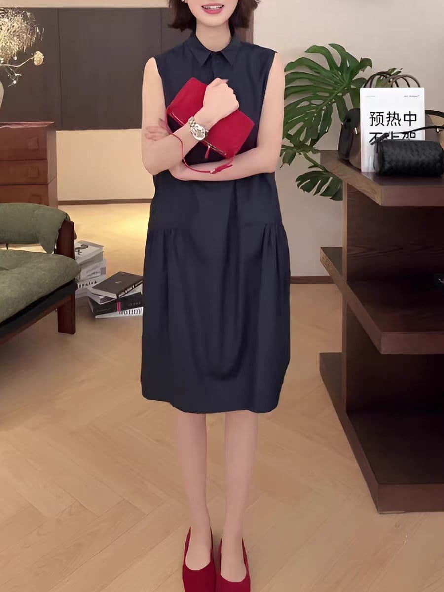 여름 새로운 익스트림 제인 바람 캐주얼 셔츠 폴로 칼라 주름 민소매 디자인 센스 작은 대중 빅 사이즈 임산부 드레스 상세 이미지 7