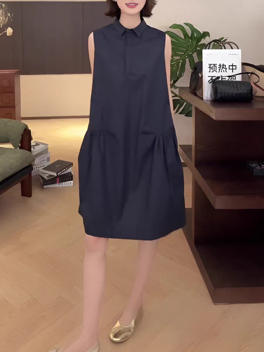 여름 새로운 익스트림 제인 바람 캐주얼 셔츠 폴로 칼라 주름 민소매 디자인 센스 작은 대중 빅 사이즈 임산부 드레스 상세 이미지 8