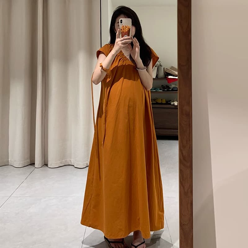 높은 품질 대 물품 여름 새로운 순면 V넥 슬림해 보이는 프랑스식 루즈핏 품격 소매 임산부 드레스 이미지 4