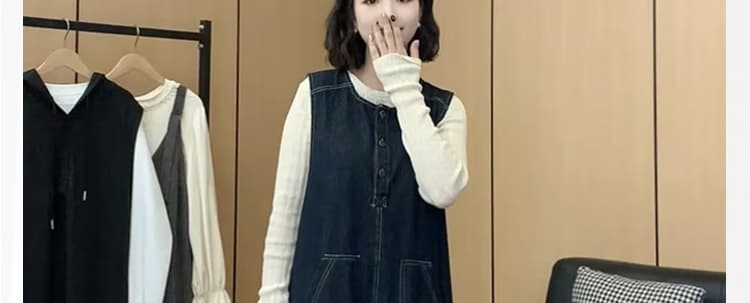 지금 가을 겨울 두꺼운 데님 조끼 원피스 니트 스웨터 맨위 루즈핏 슬림해 보이는 임산부 투피스 세트 상세 이미지 9
