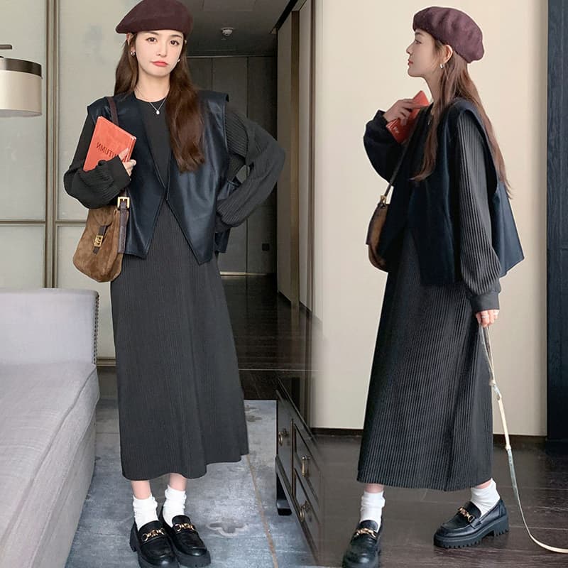 지금 가을 새로운 미니멀리즘 디자인 센스 작은 대중 가죽 베스트 빛 럭셔리 후드티 드레스 임산부 투피스 세트 이미지 2