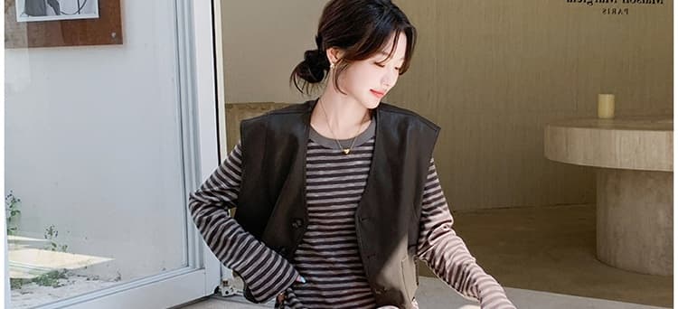 지금 한 부서 PU 가죽 조끼 스트라이프 치마 봄 가을 새로운 고유 한 아름다운 소금 부서 연령 감소 임산부 롱 스커트 투피스 세트 상세 이미지 28