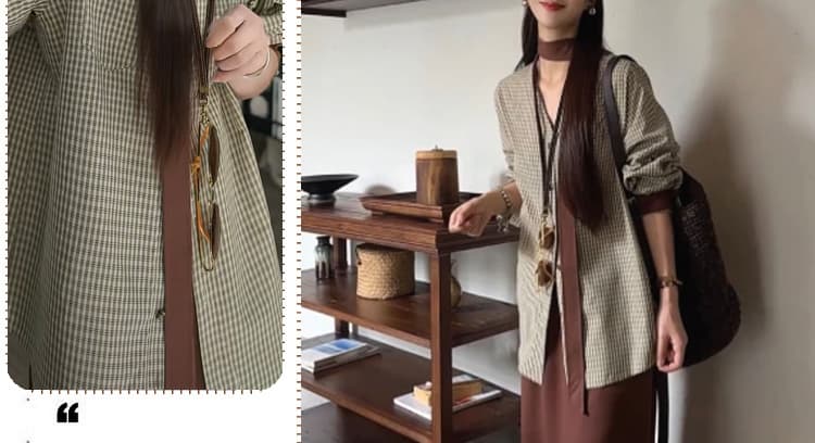 가을 새로운 항구 바람 레트로 체크무늬 세트 루즈핏 슬림해 보이는 다용도 셔츠 스카프 반신 스커트 임산부 3종 세트 상세 이미지 11