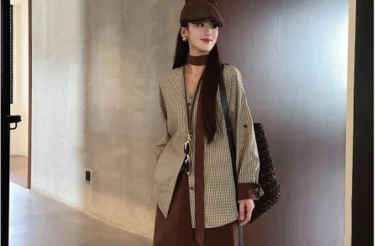 가을 새로운 항구 바람 레트로 체크무늬 세트 루즈핏 슬림해 보이는 다용도 셔츠 스카프 반신 스커트 임산부 3종 세트 상세 이미지 32