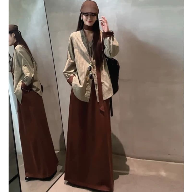 새로운 항구 바람 레트로 체크무늬 세트 루즈핏 슬림해 보이는 다용도 셔츠 스카프 반신 스커트 임산부 3종 세트 이미지 3