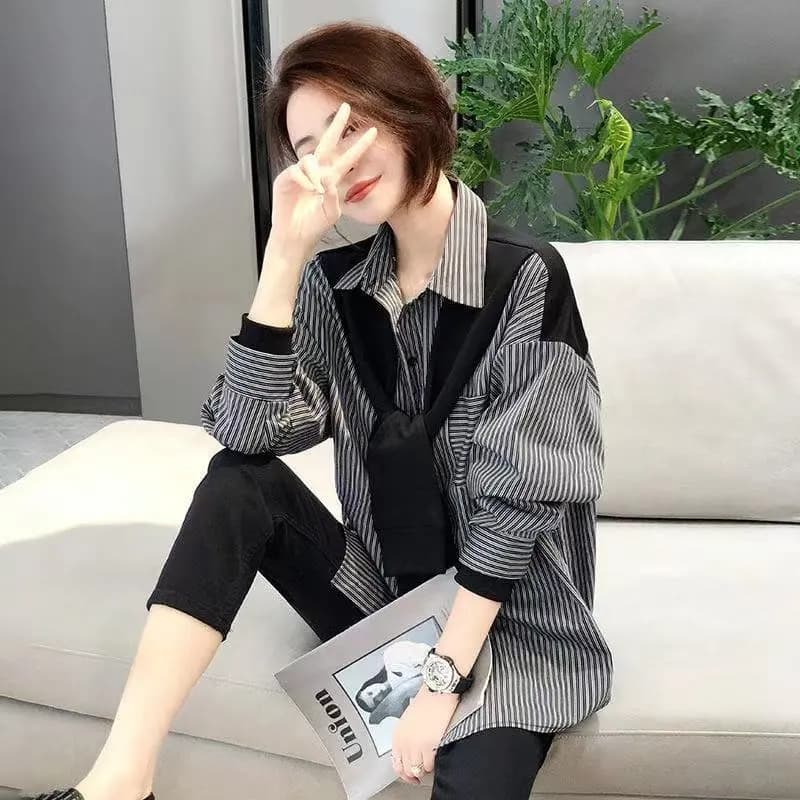 페이크 레이어드 여성 긴팔 셔츠 숄 2026 조기 가을 의상 웨스트 새로운 중간 길이 스트라이프 셔츠 여성 의류 상세 이미지 6