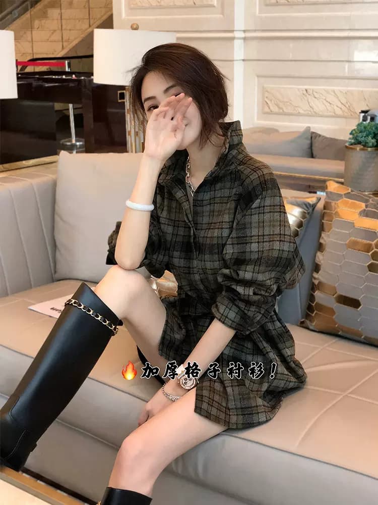 체크무늬 연삭 털 긴팔 여성 셔츠 디자인 센스 작은 대중 슬림해 보이는 패션 허리 수축 맨위 2026 이른 가을 새로운 유럽 상품 이미지 3