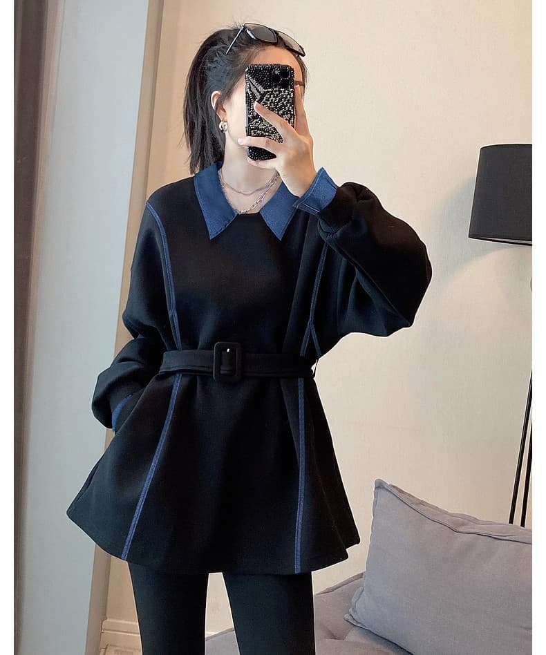 검정색 폴로 칼라 데님 패치워크 후드티 여성 패션 허리 수축 슬림해 보이는 유럽 상품 맨위 2026 가을 새로운 유럽 역 상세 이미지 10