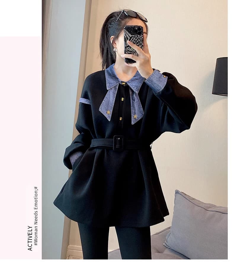 검정색 데님 패치워크 POLO 칼라 후드티 여성 디스플레이 허리 수축 얇은 맨위 가을 2026 새로운 유럽 역 물품 상세 이미지 8
