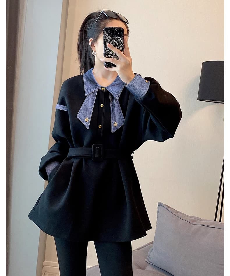 검정색 데님 패치워크 POLO 칼라 후드티 여성 디스플레이 허리 수축 얇은 맨위 가을 2026 새로운 유럽 역 물품 상세 이미지 10