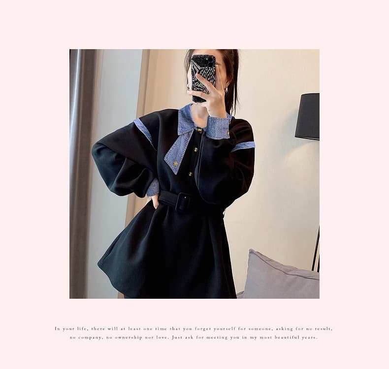 검정색 데님 패치워크 POLO 칼라 후드티 여성 디스플레이 허리 수축 얇은 맨위 가을 2026 새로운 유럽 역 물품 상세 이미지 11