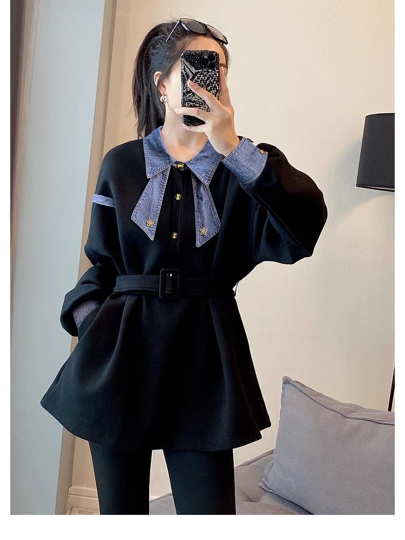검정색 데님 패치워크 POLO 칼라 후드티 여성 디스플레이 허리 수축 얇은 맨위 가을 2026 새로운 유럽 역 물품 상세 이미지 12