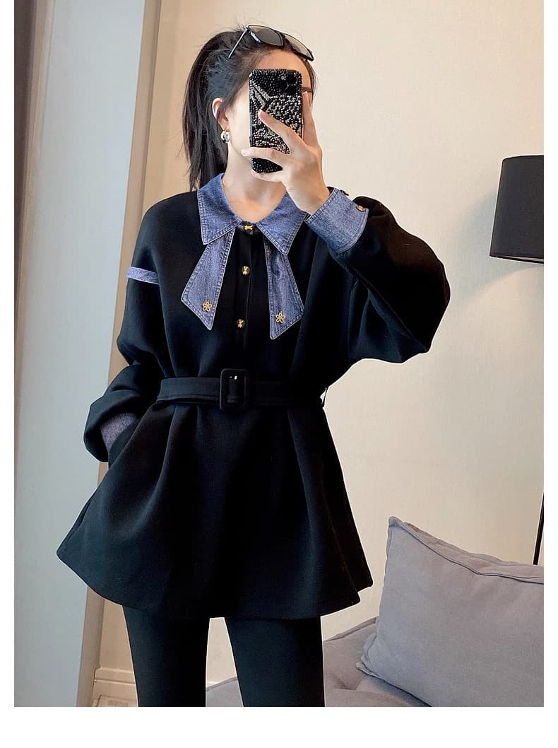 검정색 데님 패치워크 POLO 칼라 후드티 여성 디스플레이 허리 수축 얇은 맨위 가을 2026 새로운 유럽 역 물품 상세 이미지 14