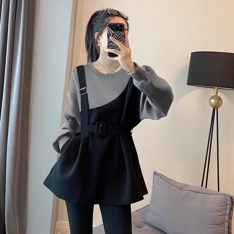 페이크 레이어드 패치워크 색상 라운드 넥 후드티 여성 디자인 센스 패션 캐주얼 허리 수축 맨위 가을 2026 새로운 유럽 역