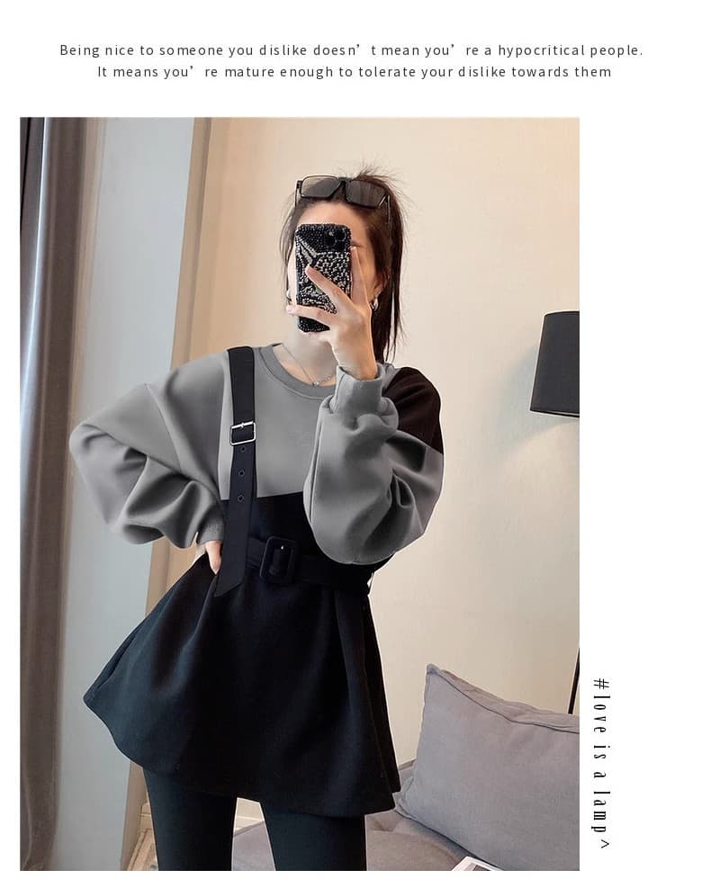페이크 레이어드 패치워크 색상 라운드 넥 후드티 여성 디자인 센스 패션 캐주얼 허리 수축 맨위 가을 2026 새로운 유럽 역 상세 이미지 5