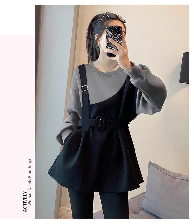 페이크 레이어드 패치워크 색상 라운드 넥 후드티 여성 디자인 센스 패션 캐주얼 허리 수축 맨위 가을 2026 새로운 유럽 역 상세 이미지 6