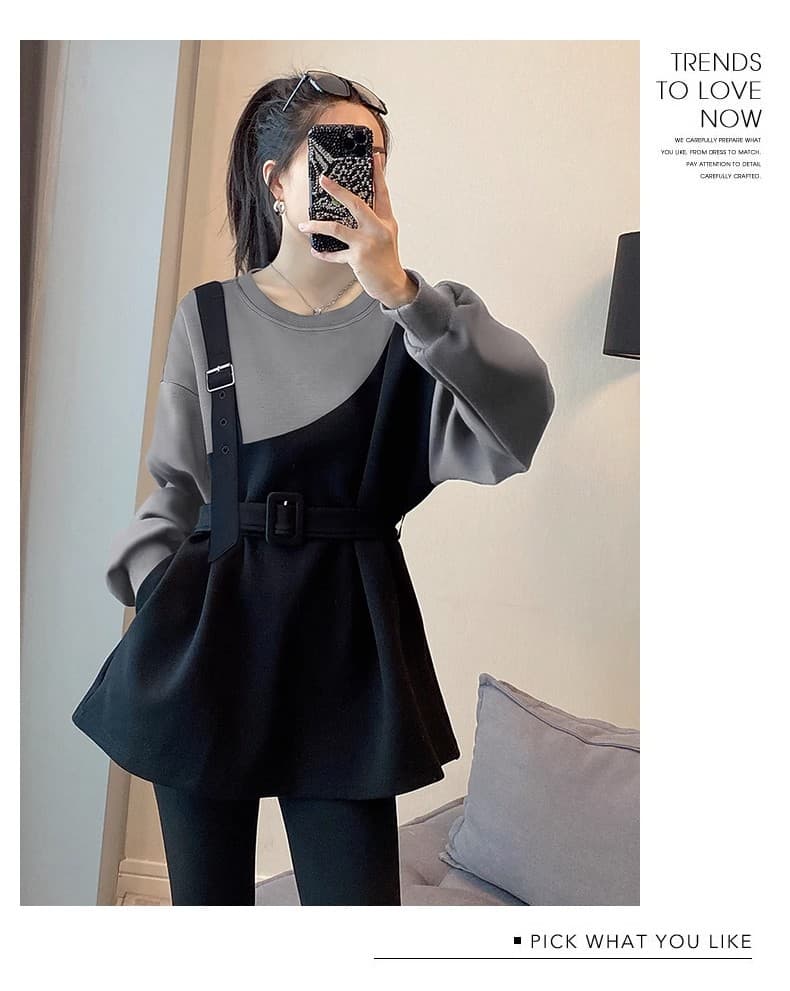 페이크 레이어드 패치워크 색상 라운드 넥 후드티 여성 디자인 센스 패션 캐주얼 허리 수축 맨위 가을 2026 새로운 유럽 역 상세 이미지 7
