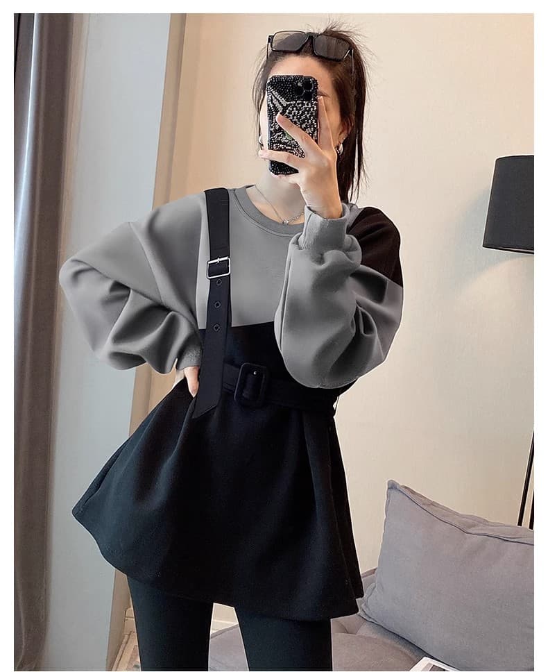 페이크 레이어드 패치워크 색상 라운드 넥 후드티 여성 디자인 센스 패션 캐주얼 허리 수축 맨위 가을 2026 새로운 유럽 역 상세 이미지 8