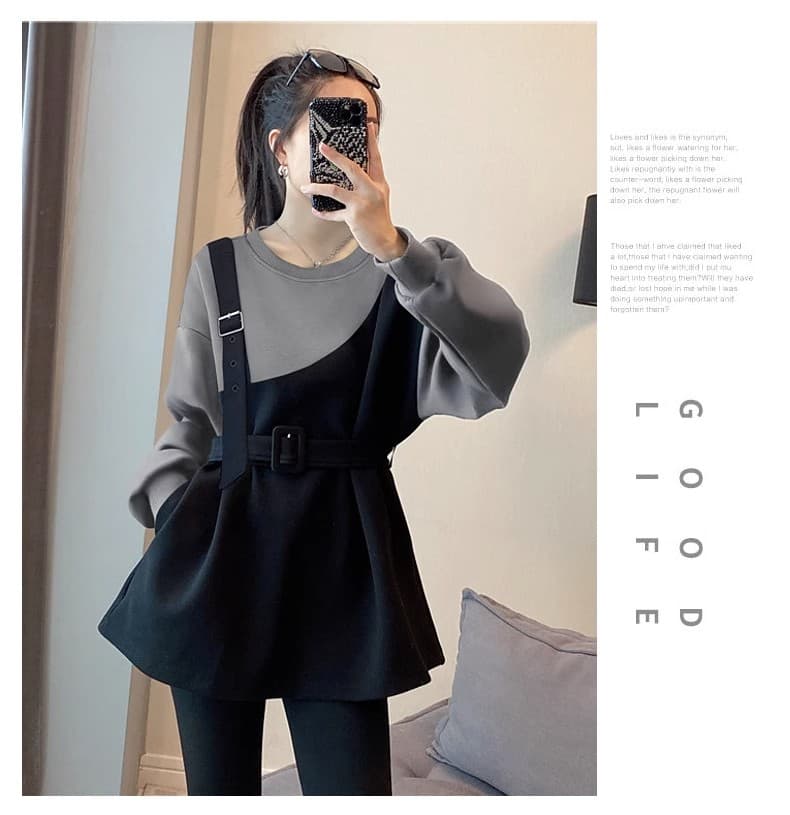 페이크 레이어드 패치워크 색상 라운드 넥 후드티 여성 디자인 센스 패션 캐주얼 허리 수축 맨위 가을 2026 새로운 유럽 역 상세 이미지 11