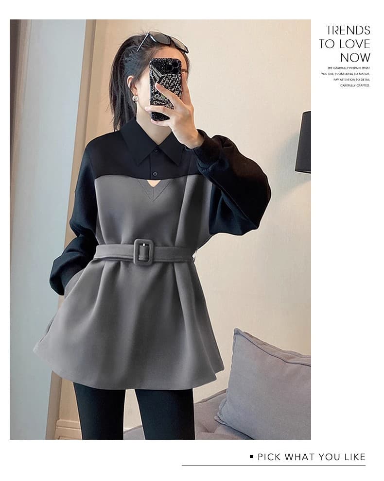 회색 패치워크 폴로 칼라 후드티 여성 디자인 센스 작은 대중 허리 수축 가을 홀로우 아웃 맨위 2026 새로운 유럽 역 물품 상세 이미지 6