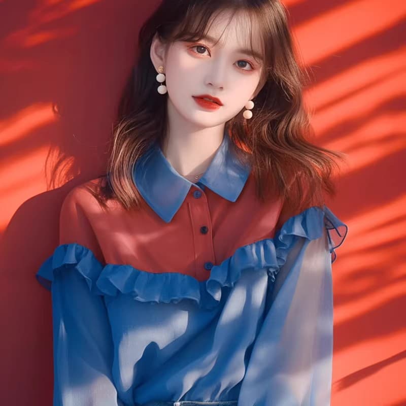 한 부서 chic Chic 맨위 작은 대중 디자인 센스 고유 한 외국 가스 세련된 품격 파란색 패치워크 쉬폰 여성 셔츠 이미지 6