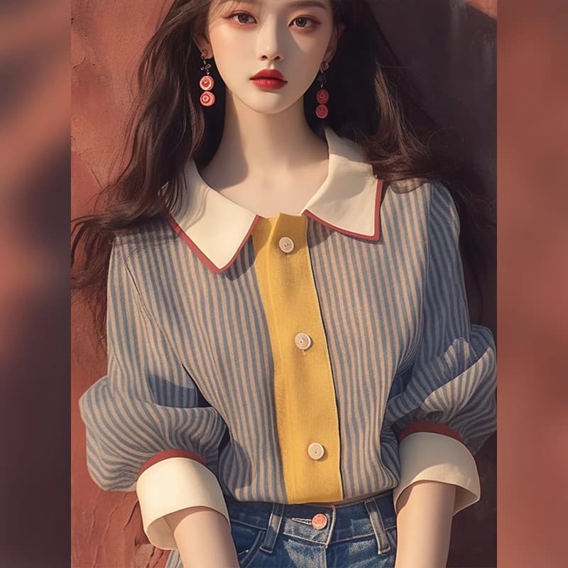 봄 가을 2026 새로운 작은 대중 고유 한 Chic 외국 가스 루즈핏 슬림해 보이는 한 부서 연령 감소 아름다운 패치워크 스트라이프 셔츠 이미지 4