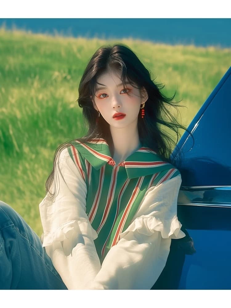 이른 봄 새로운 폭발 셔츠 작은 대중 한 부서 외국 가스 연령 감소 슈퍼 잘 생긴 녹색 스트라이프 패치워크 베이비 칼라 맨위 상세 이미지 3