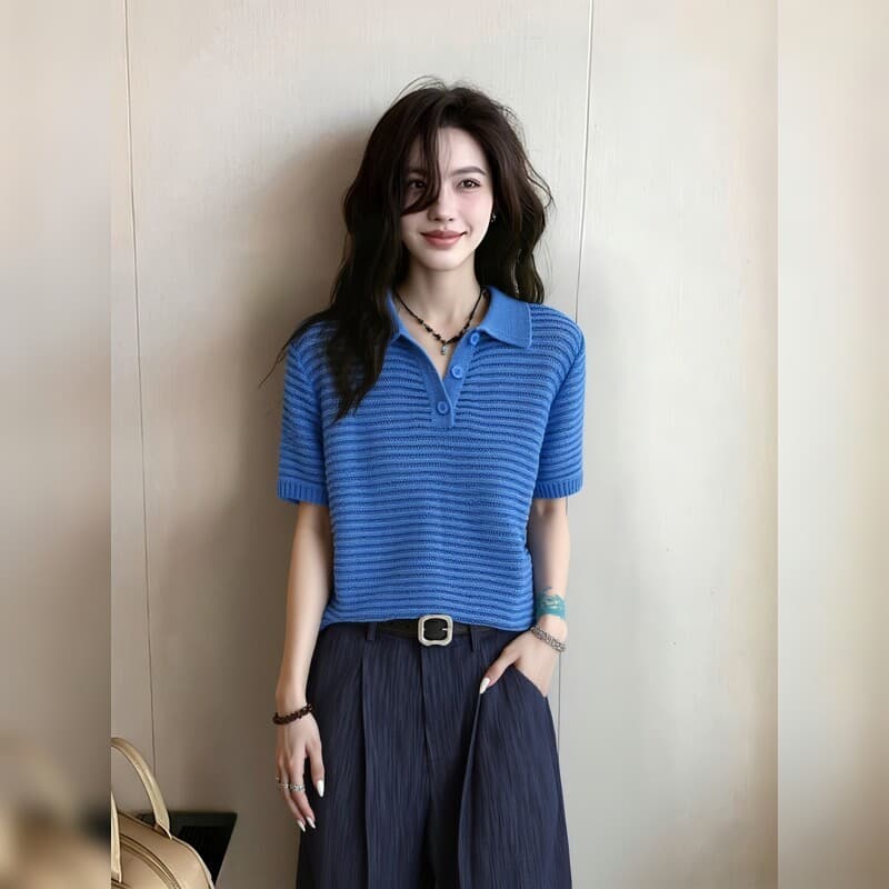 2026 여름 새로운 한 부서 파란색 반팔 POLO 칼라 캐주얼 니트 스웨터 여성 루즈핏 출퇴근 맨위 이미지 2