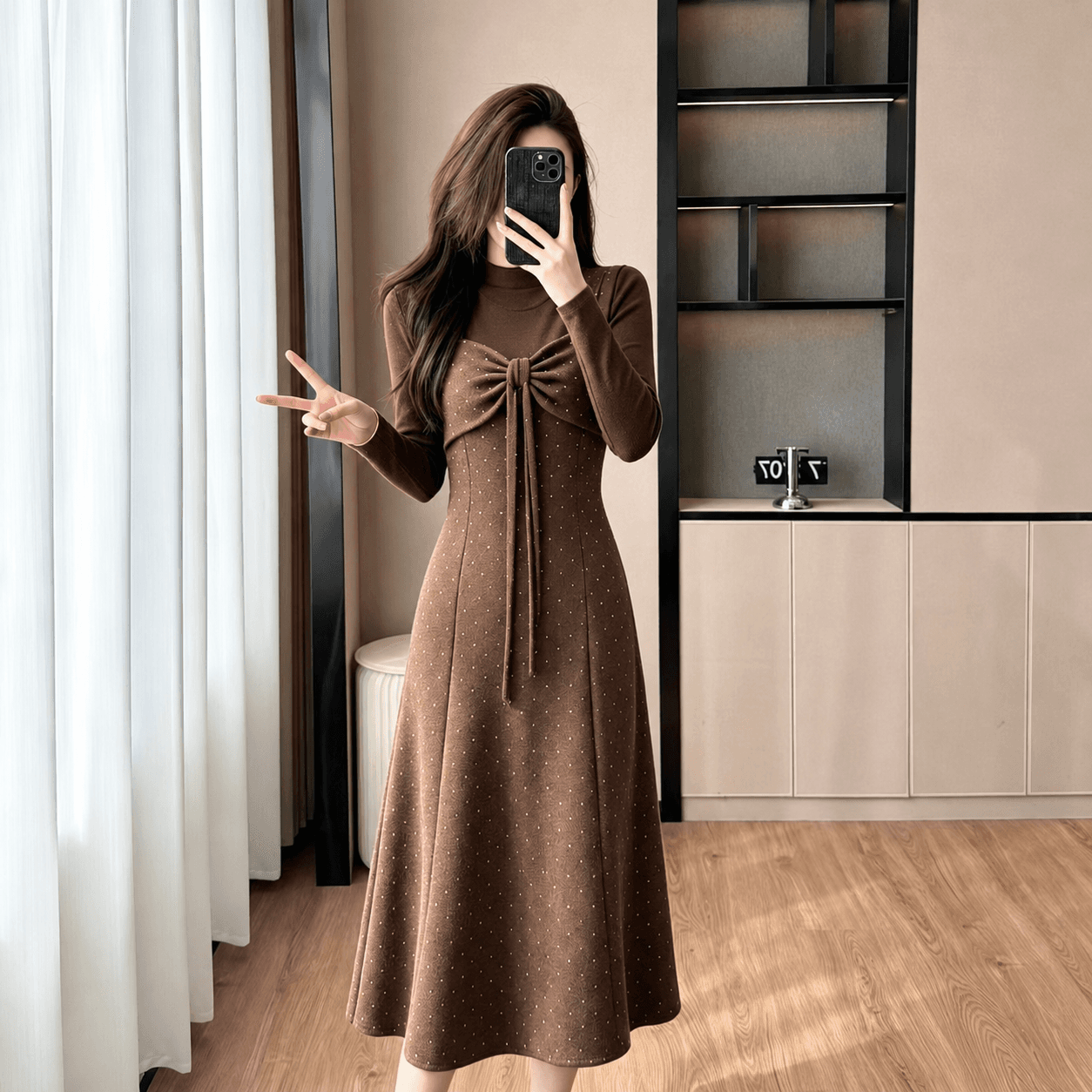 한국 스타일 품격 클로버 꽃잎 긴팔 드레스 여성 의류 가을 겨울 2026 새로운 몸매 가꾸기 슬림해 보이는 두 조각 여성 세트