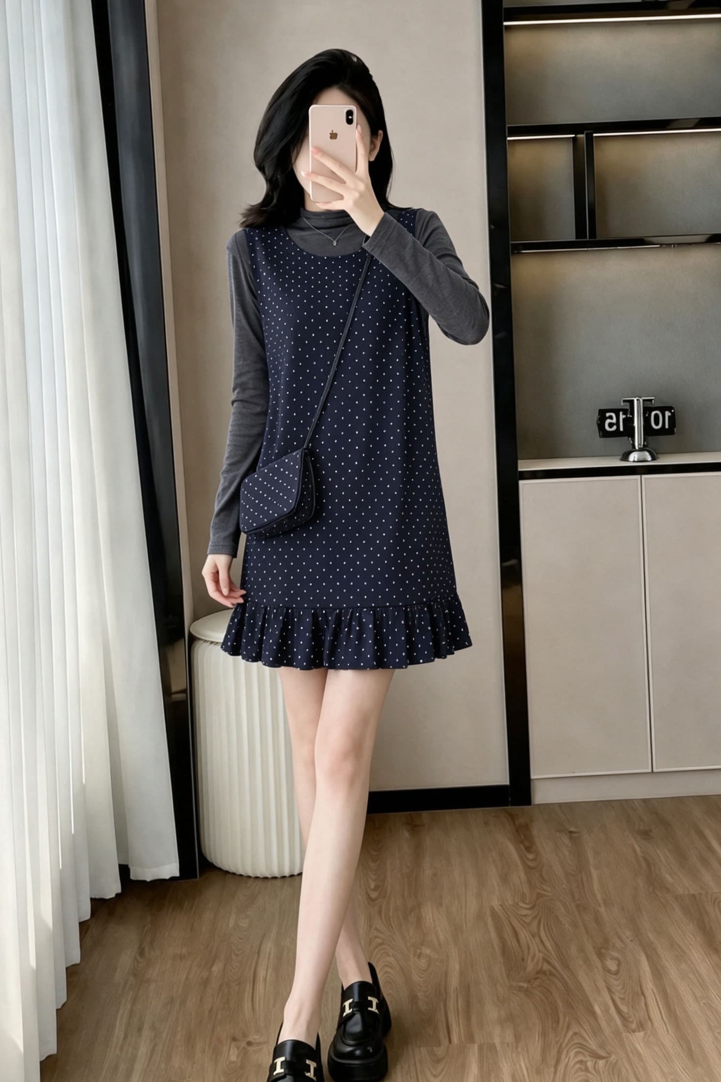 한 부서 프릴 주름 모직 조끼 여성 드레스 겨울 2026 반하이넥 긴팔 기본 셔츠 투피스 세트 이미지 6