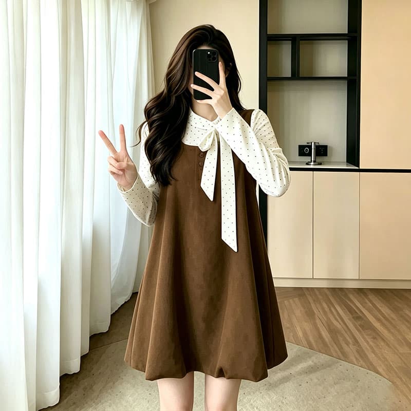 한 부서 레트로 연령 감소 센스 스택 착용 투피스 세트 나비 넥타이 도트 무늬 긴팔 맨위 민소매 루즈핏 드레스