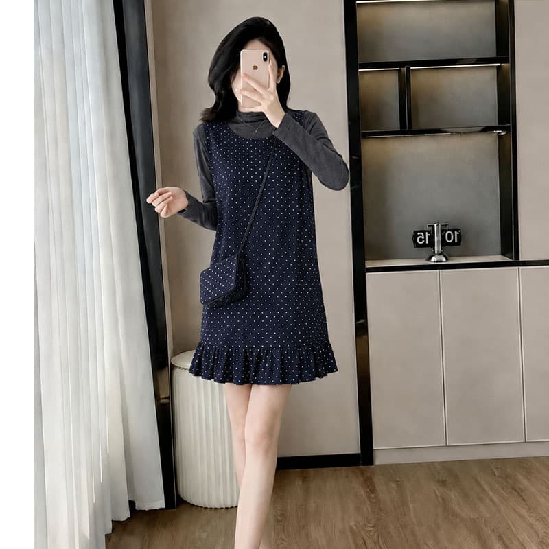 한 부서 프릴 주름 모직 조끼 여성 드레스 겨울 2026 반하이넥 긴팔 기본 셔츠 투피스 세트 이미지 2