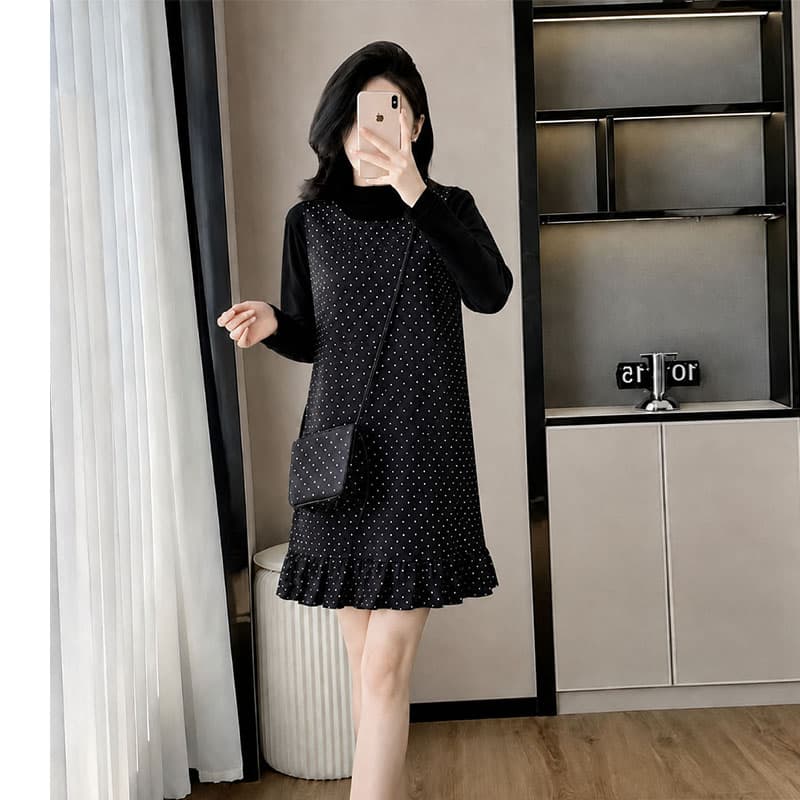 한 부서 프릴 주름 모직 조끼 여성 드레스 겨울 2026 반하이넥 긴팔 기본 셔츠 투피스 세트 이미지 3