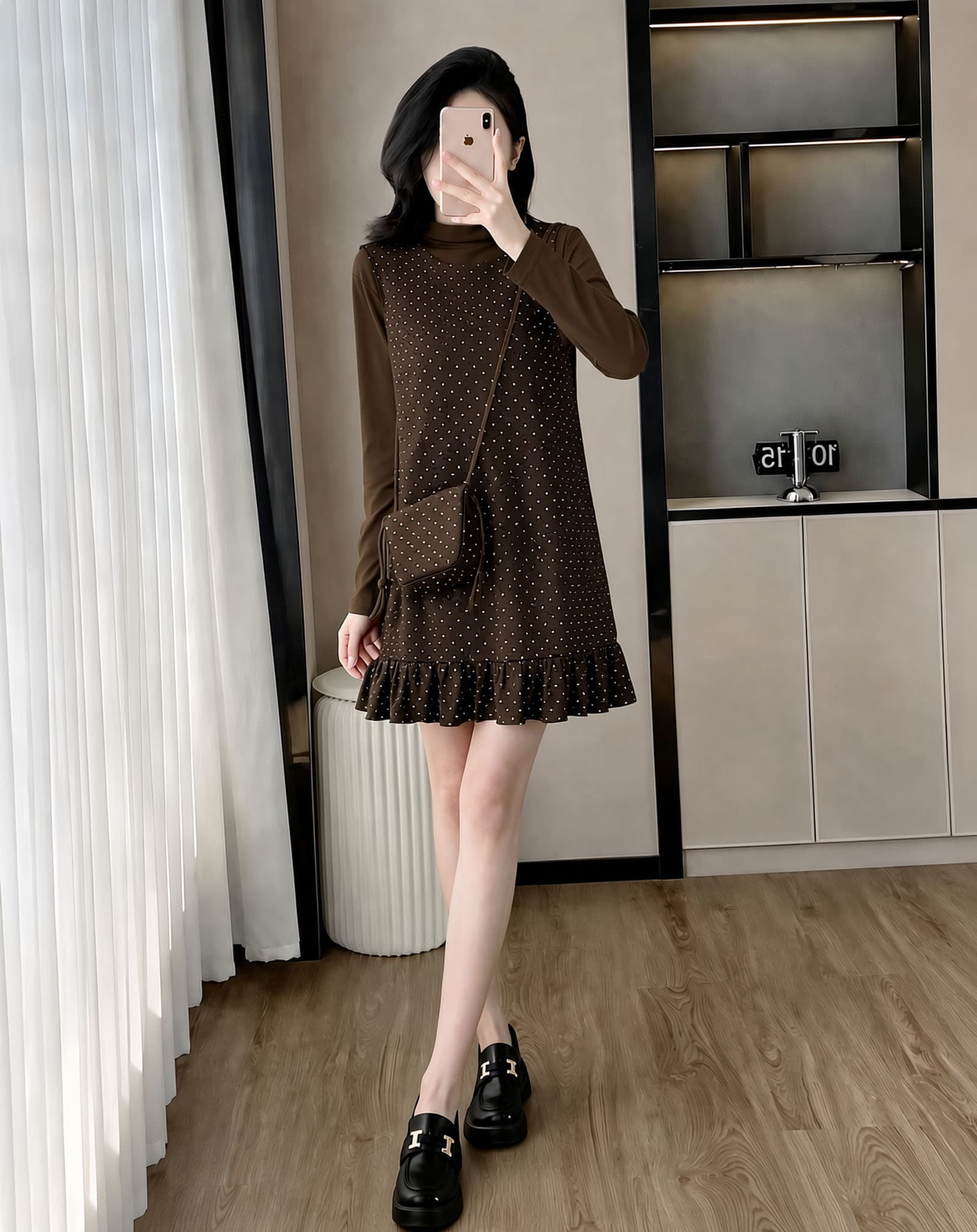 한 부서 프릴 주름 모직 조끼 여성 드레스 겨울 2026 반하이넥 긴팔 기본 셔츠 투피스 세트 상세 이미지 8